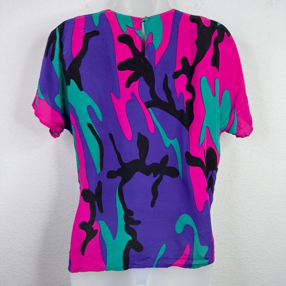 Vintage Flora Kung Shirt Womens 12 Pink Purple Silk Abstract‎ Bold Artsy 80s 90s